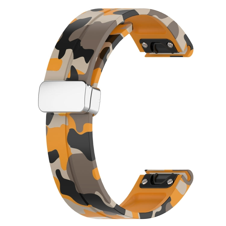 For Garmin Fenix 7 Magnetic Folding Silver Buckle Color Printed Silicone Watch Band(Camouflage Yellow)
