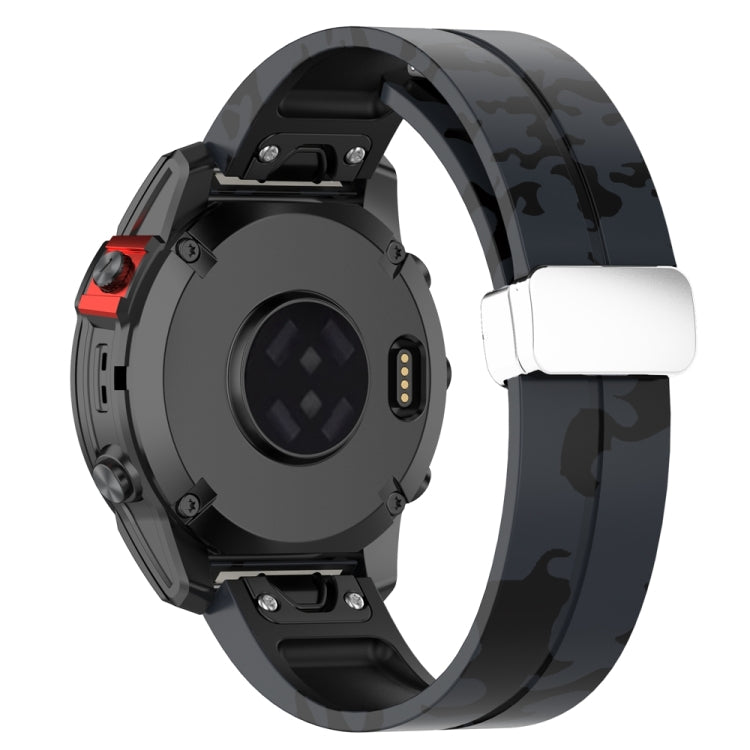For Garmin Fenix 7 Magnetic Folding Silver Buckle Color Printed Silicone Watch Band(Camouflage Grey)