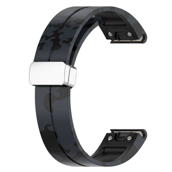 For Garmin Fenix 7 Magnetic Folding Silver Buckle Color Printed Silicone Watch Band(Camouflage Grey)