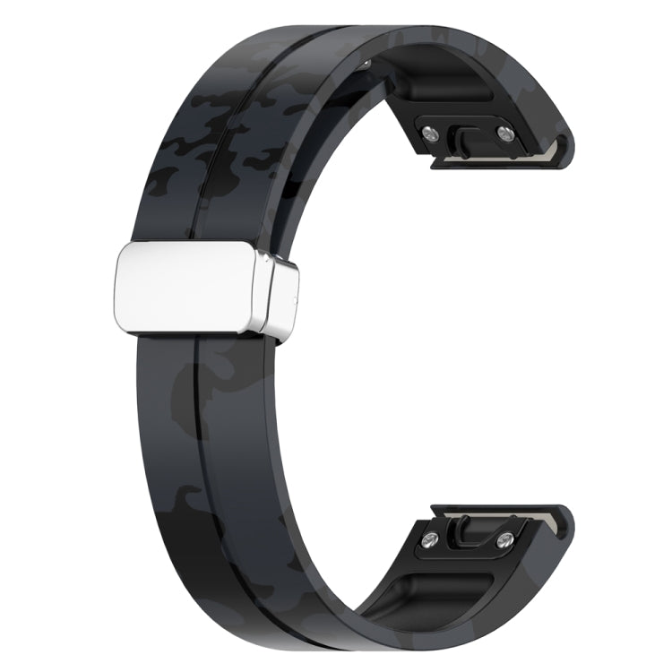 For Garmin Fenix 7 Magnetic Folding Silver Buckle Color Printed Silicone Watch Band(Camouflage Grey)
