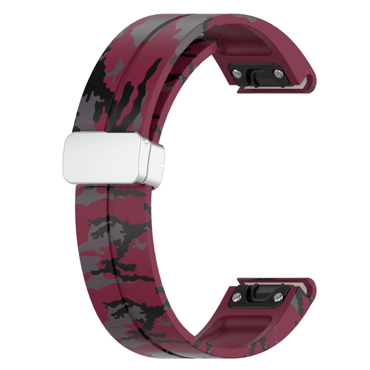 For Garmin Fenix 7 Magnetic Folding Silver Buckle Color Printed Silicone Watch Band(Camouflage Wine Red)
