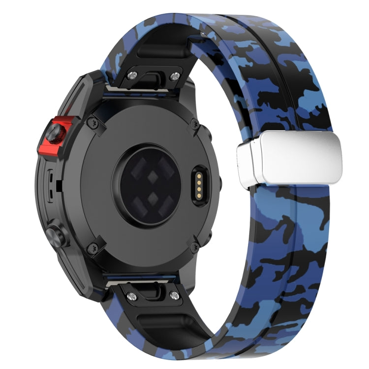 For Garmin Fenix 7 Magnetic Folding Silver Buckle Color Printed Silicone Watch Band(Camouflage Blue)