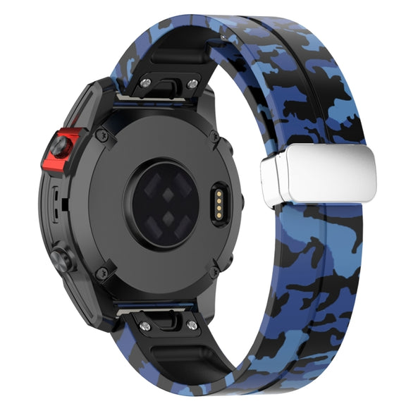 For Garmin Fenix 7 Magnetic Folding Silver Buckle Color Printed Silicone Watch Band(Camouflage Blue)