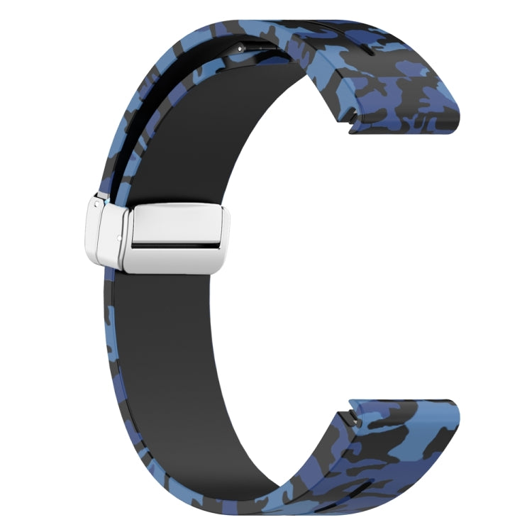 For Garmin Fenix 7 Magnetic Folding Silver Buckle Color Printed Silicone Watch Band(Camouflage Blue)