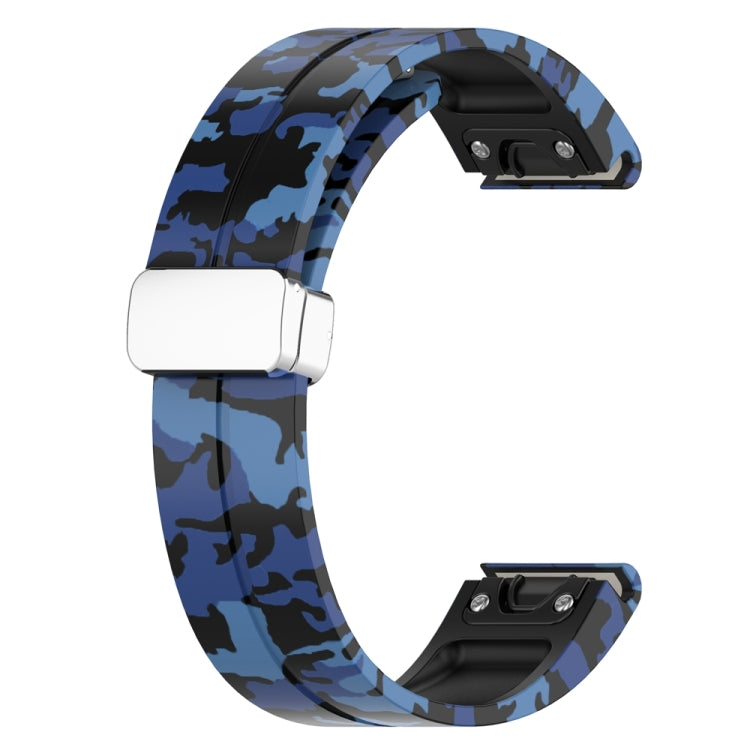 For Garmin Fenix 7 Magnetic Folding Silver Buckle Color Printed Silicone Watch Band(Camouflage Blue)