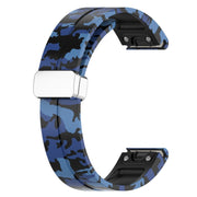 For Garmin Fenix 7 Magnetic Folding Silver Buckle Color Printed Silicone Watch Band(Camouflage Blue)