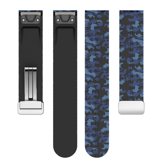 For Garmin Fenix 7 Magnetic Folding Silver Buckle Color Printed Silicone Watch Band(Camouflage Blue)