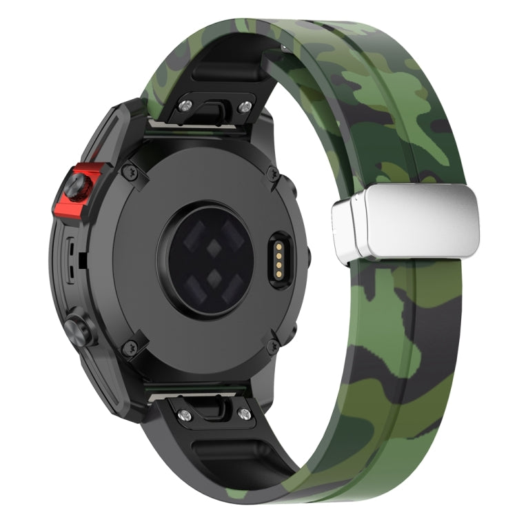 For Garmin Fenix 7 Magnetic Folding Silver Buckle Color Printed Silicone Watch Band(Camouflage Green)