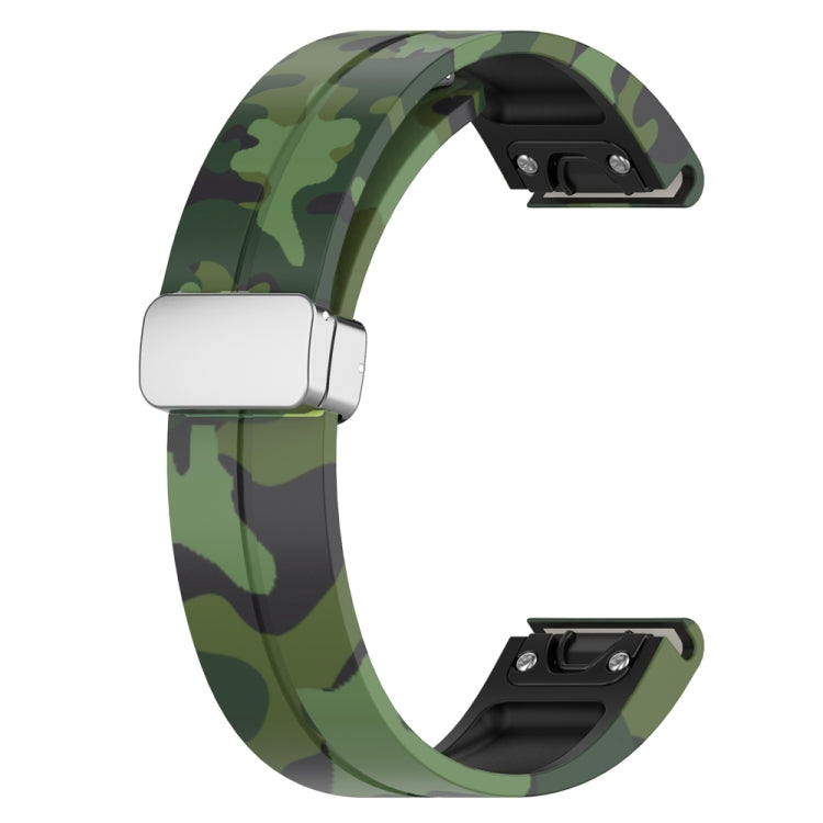 For Garmin Fenix 7 Magnetic Folding Silver Buckle Color Printed Silicone Watch Band(Camouflage Green)