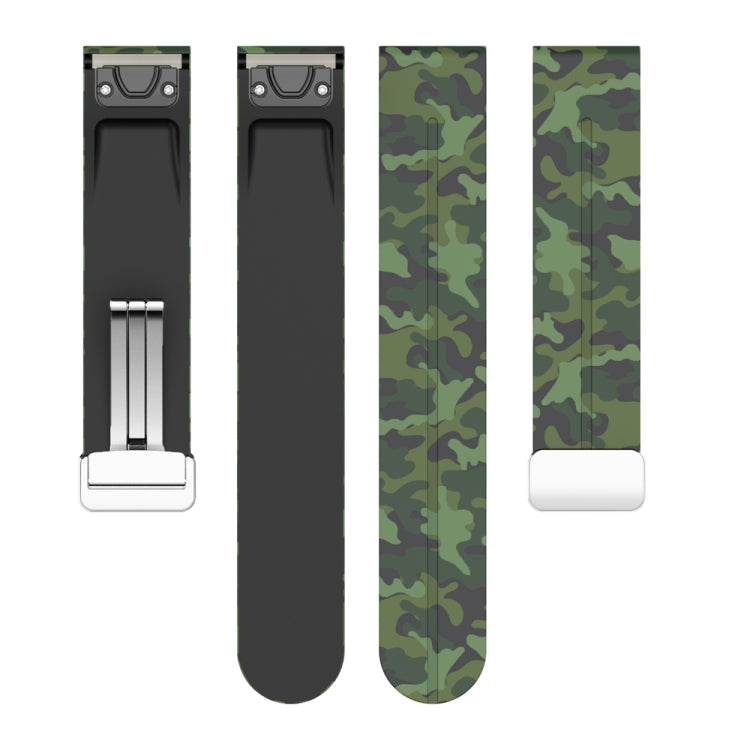 For Garmin Fenix 7 Magnetic Folding Silver Buckle Color Printed Silicone Watch Band(Camouflage Green)