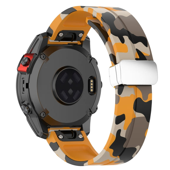 For Garmin Fenix 7X Magnetic Folding Silver Buckle Color Printed Silicone Watch Band(Camouflage Yellow)