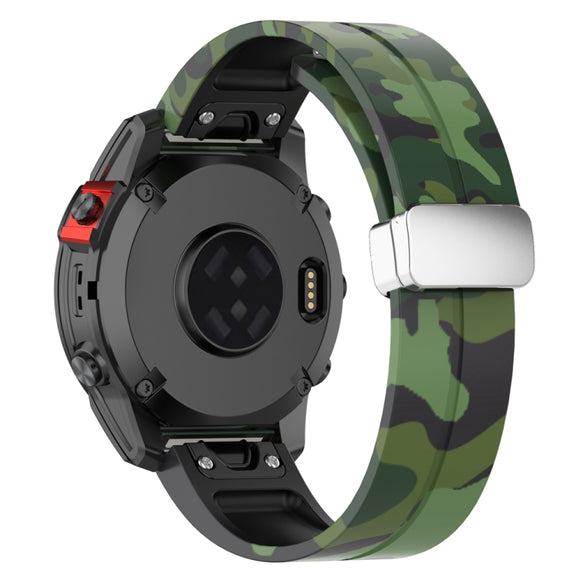For Garmin Fenix 7X Magnetic Folding Silver Buckle Color Printed Silicone Watch Band(Camouflage Green)
