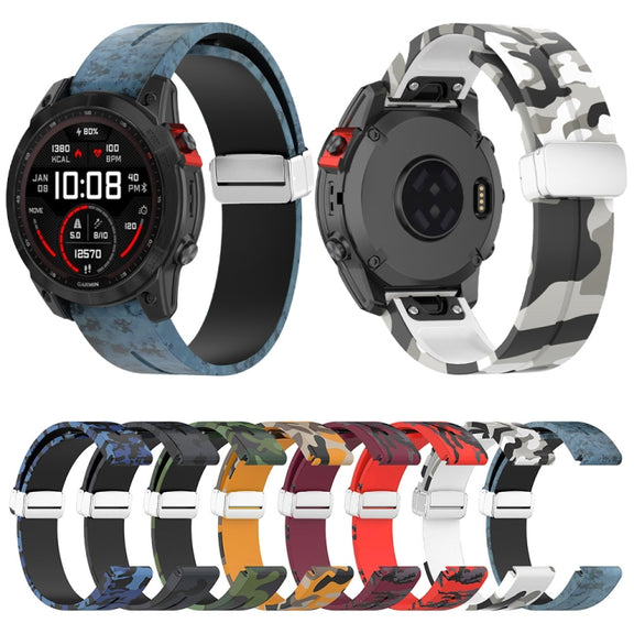 For Garmin Fenix 7S Magnetic Folding Silver Buckle Color Printed Silicone Watch Band(Camouflage Red)