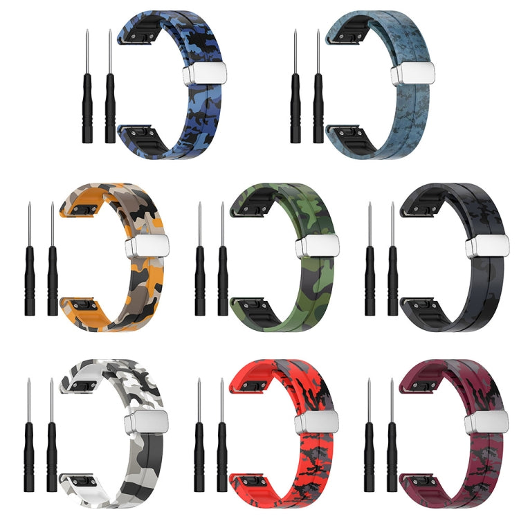 For Garmin Fenix 7 Magnetic Folding Silver Buckle Color Printed Silicone Watch Band(Camouflage Grey)