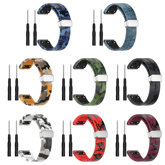 For Garmin Fenix 7 Magnetic Folding Silver Buckle Color Printed Silicone Watch Band(Camouflage Grey)