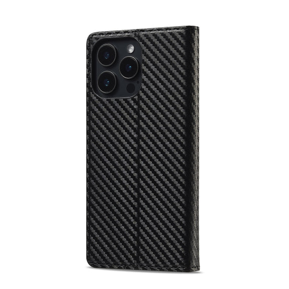 For iPhone 16 Pro Max LC.IMEEKE Carbon Fiber Leather Phone Case(Vertical Black)