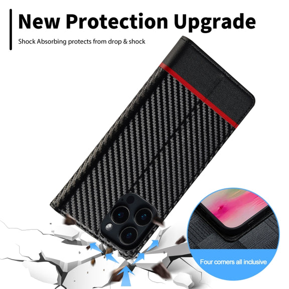 For iPhone 16 Pro Max LC.IMEEKE Carbon Fiber Leather Phone Case(Horizontal Black)