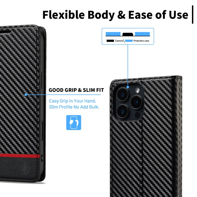 For iPhone 16 Pro LC.IMEEKE Carbon Fiber Leather Phone Case(Horizontal Black)