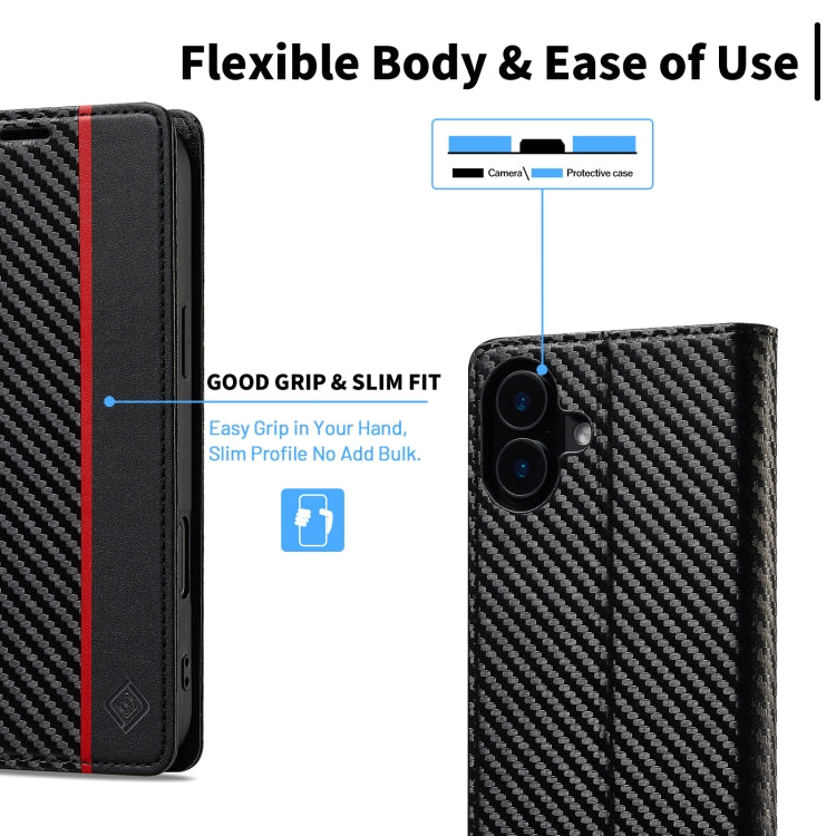 For iPhone 16 Plus LC.IMEEKE Carbon Fiber Leather Phone Case(Vertical Black)