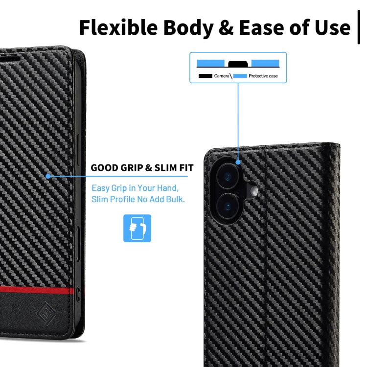 For iPhone 16 Plus LC.IMEEKE Carbon Fiber Leather Phone Case(Horizontal Black)