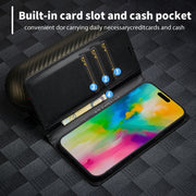 For iPhone 16 Plus LC.IMEEKE Carbon Fiber Leather Phone Case(Horizontal Black)