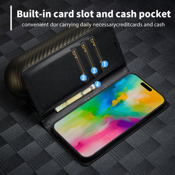For iPhone 16 Plus LC.IMEEKE Carbon Fiber Leather Phone Case(Horizontal Black)