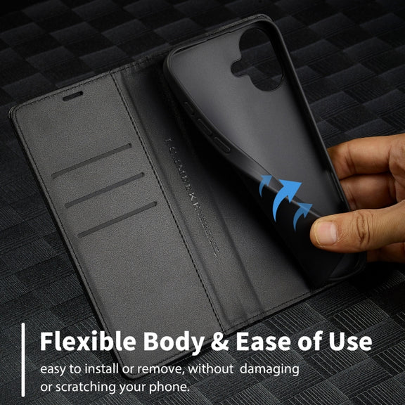 For iPhone 16 LC.IMEEKE Carbon Fiber Leather Phone Case(Horizontal Black)