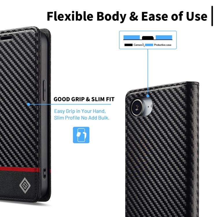 For iPhone 16e LC.IMEEKE Carbon Fiber Leather Phone Case(Horizontal Black)