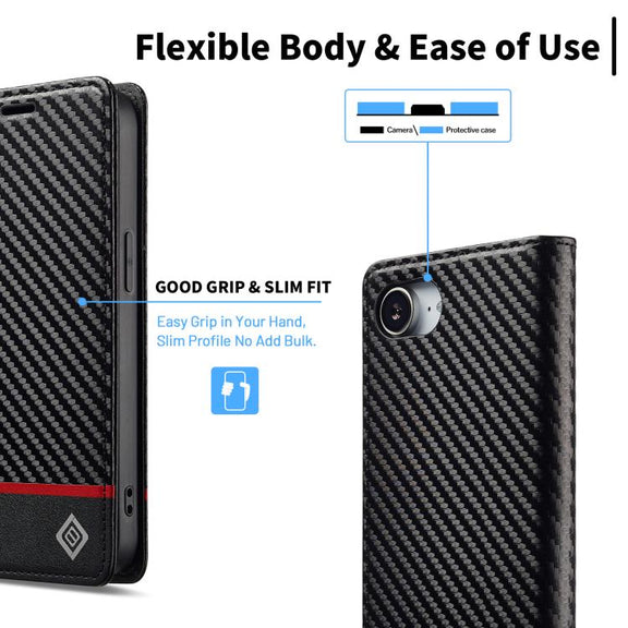 For iPhone 16e LC.IMEEKE Carbon Fiber Leather Phone Case(Horizontal Black)