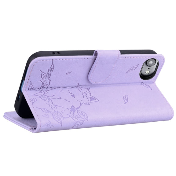 For iPhone 16e Cute Cat Embossed Leather Phone Case(Purple)