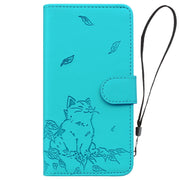For iPhone 16e Cute Cat Embossed Leather Phone Case(Lake Blue)