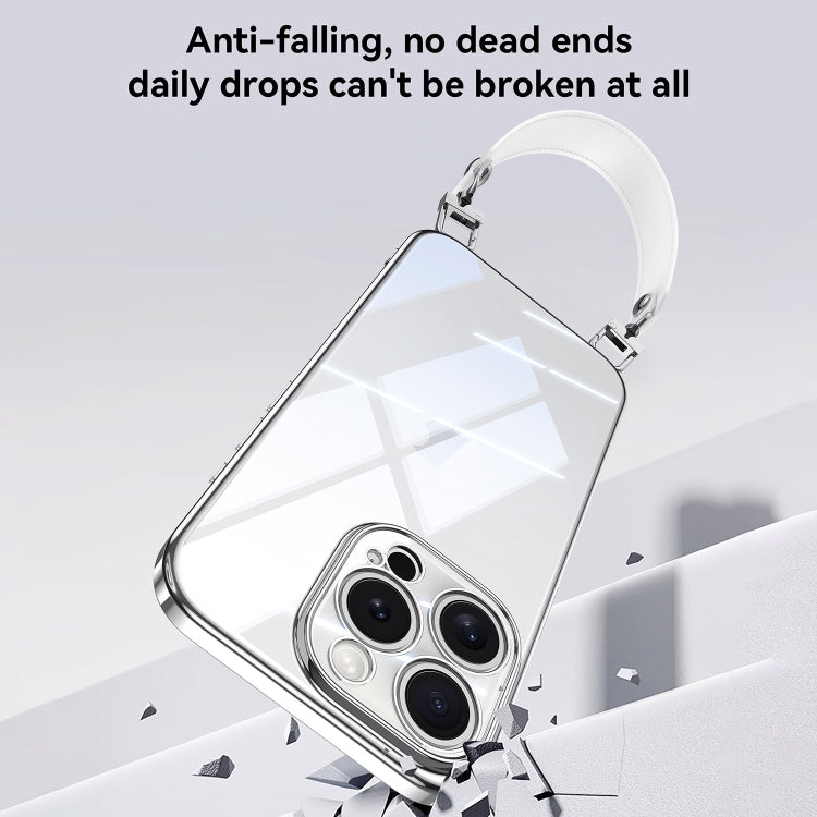 For iPhone 16 SULADA  Electroplated Clear TPU Soft Frame Phone Case with Wrist Strap(Silver)