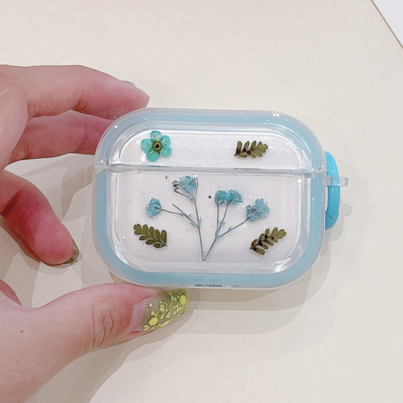 For AirPods 3 Glitter Starry Epoxy Dried Flowers Earbuds Box TPU Case(Light Blue)