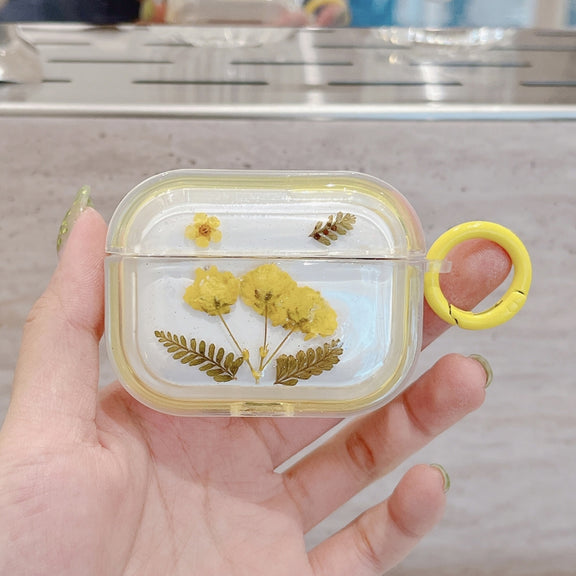 For AirPods Pro Glitter Starry Epoxy Dried Flowers Earbuds Box TPU Case(Yellow)
