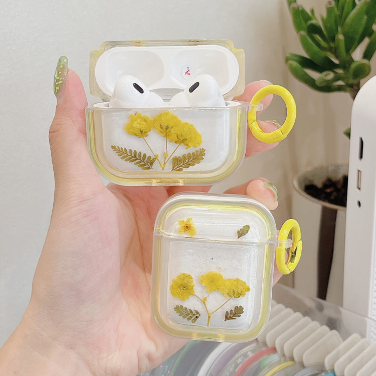 For AirPods Pro Glitter Starry Epoxy Dried Flowers Earbuds Box TPU Case(Yellow)