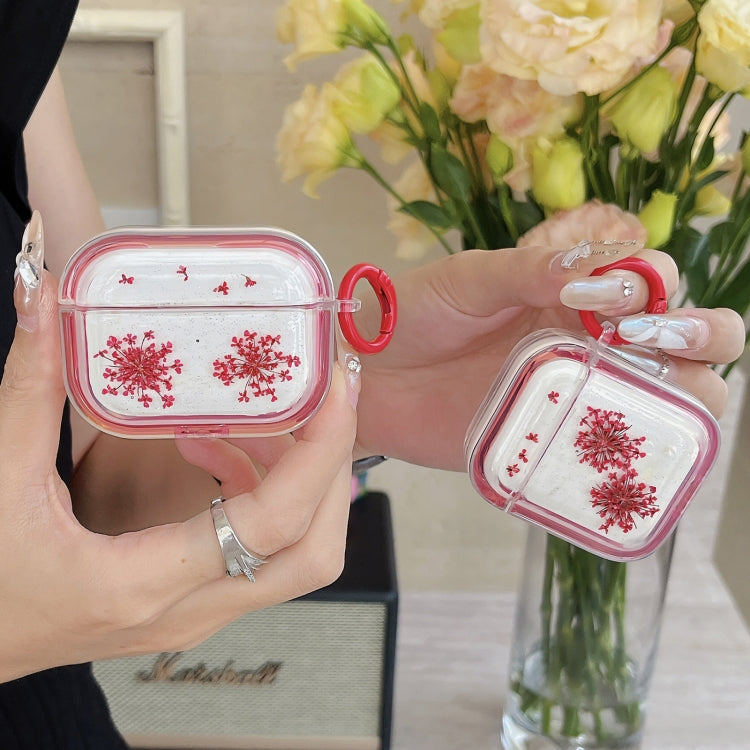 For AirPods Pro 2 Glitter Snowflake Epoxy Dried Flowers Earbuds Box TPU Case(Pink)