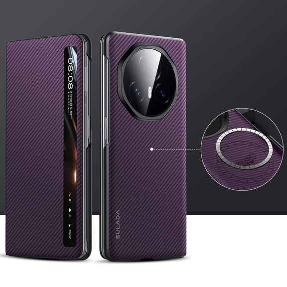 For Honor Magic V3 SULADA Kevlar 600D Texture Smart Window Leather Phone Case(Purple)