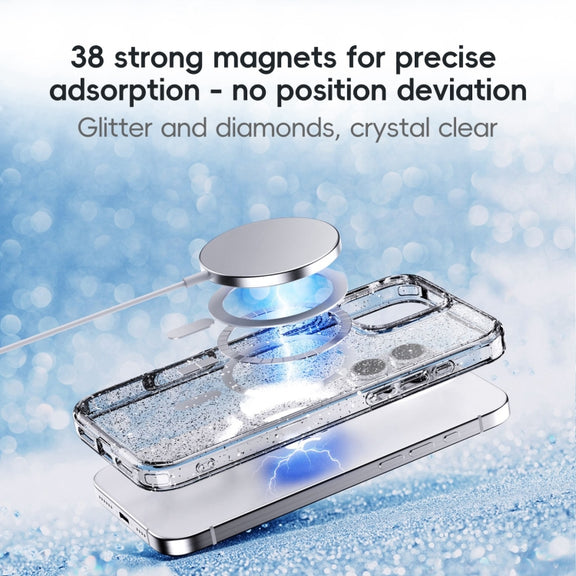 For iPhone 16 Plus Glitter Powder MagSafe Magnetic Phone Case(Transparent Titanium Blue)