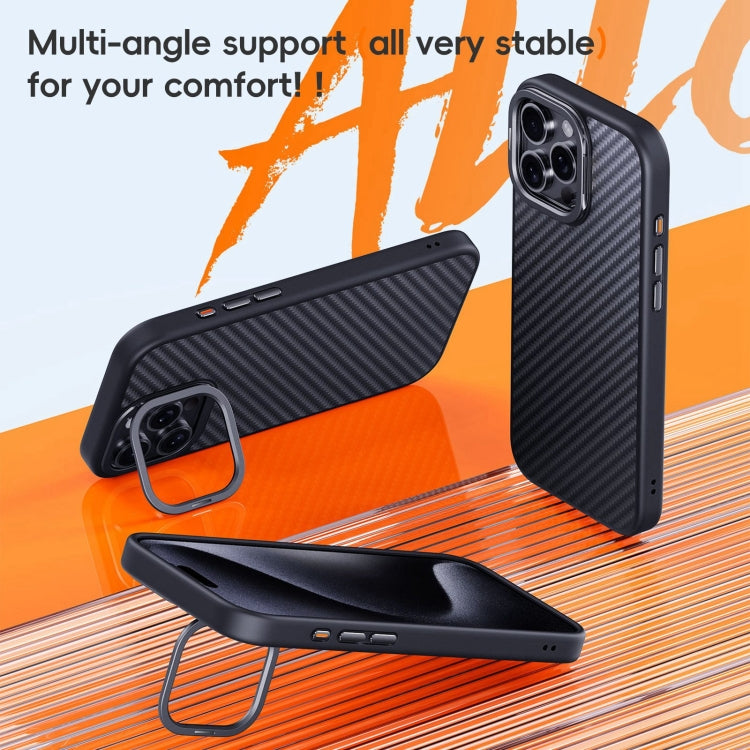 For iPhone 16 Plus Carbon Fiber Kevlar Lens Holder MagSafe Magnetic Phone Case(Black)