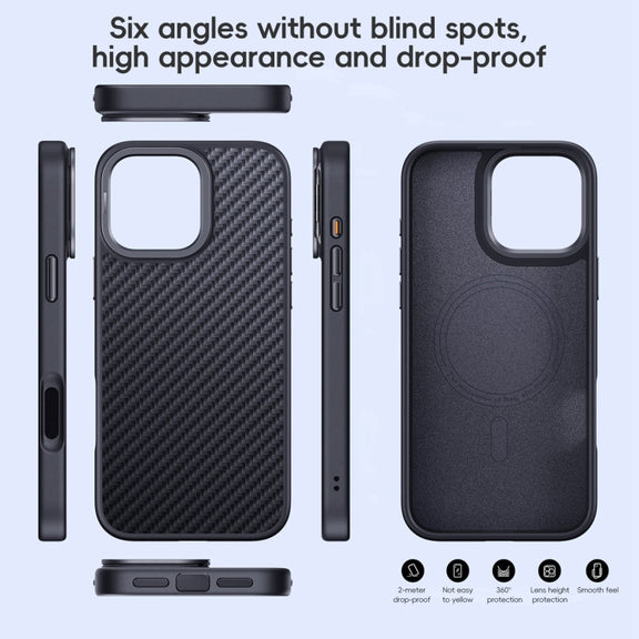 For iPhone 16 Pro Max Carbon Fiber Kevlar Lens Holder MagSafe Magnetic Phone Case(Black)