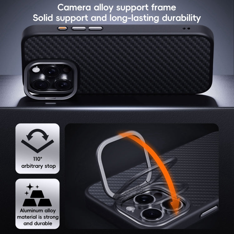 For iPhone 16 Carbon Fiber Kevlar Lens Holder MagSafe Magnetic Phone Case(Black)