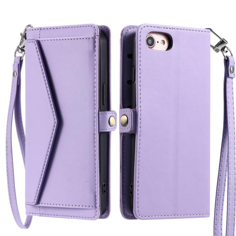 For iPhone 16e Wallet Multi-card Slot Leather Phone Case with Lanyard(Purple)