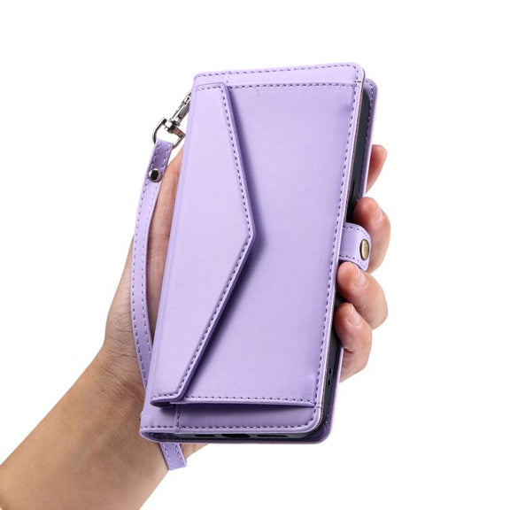For iPhone 16e Wallet Multi-card Slot Leather Phone Case with Lanyard(Purple)