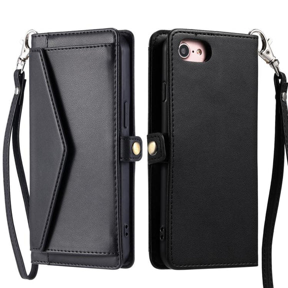 For iPhone 16e Wallet Multi-card Slot Leather Phone Case with Lanyard(Black)