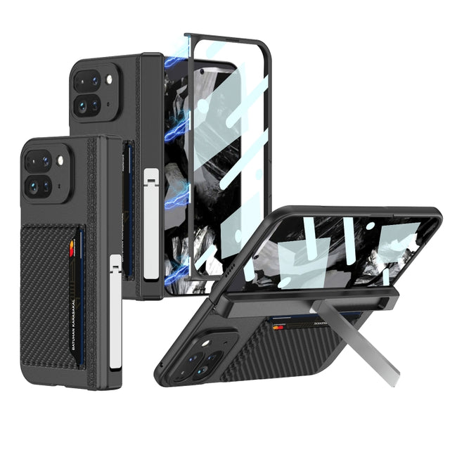 For Google Pixel 9 Pro Fold GKK Integrated Fold Hinge Card Slot Phone Case with Holder(Carbon Fiber)