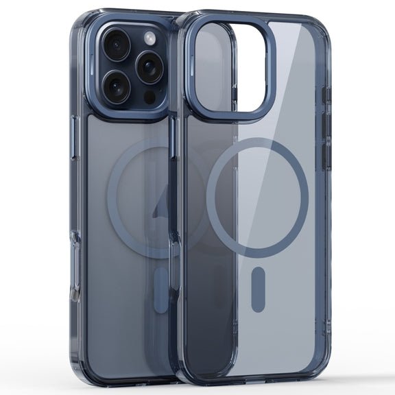 For iPhone 16 Pro Max Mirror Crystal Clear Lens Holder MagSafe Magnetic Phone Case(Transparent Titanium Blue)