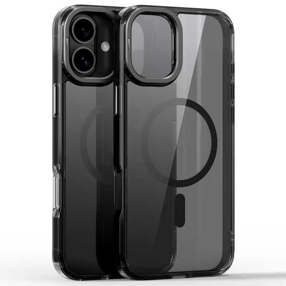 For iPhone 16 Plus Mirror Crystal Clear Lens Holder MagSafe Magnetic Phone Case(Transparent Black)