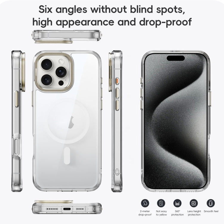 For iPhone 16 Frosted Crystal Clear Lens Holder MagSafe Magnetic Phone Case(Transparent Titanium Blue)