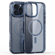 For iPhone 16 Pro Glitter Powder Lens Holder MagSafe Magnetic Phone Case(Transparent Titanium Blue)