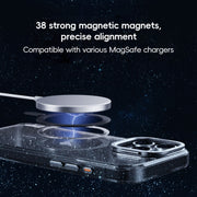 For iPhone 16 Pro Glitter Powder Lens Holder MagSafe Magnetic Phone Case(Transparent Titanium Blue)